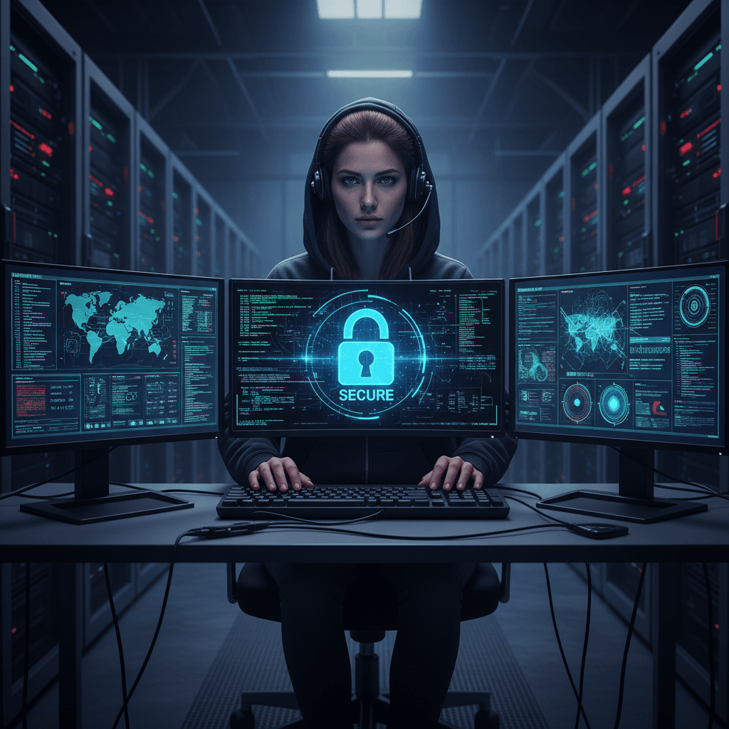 Cybersecurity professional monitoring multiple screens in a dark server room
