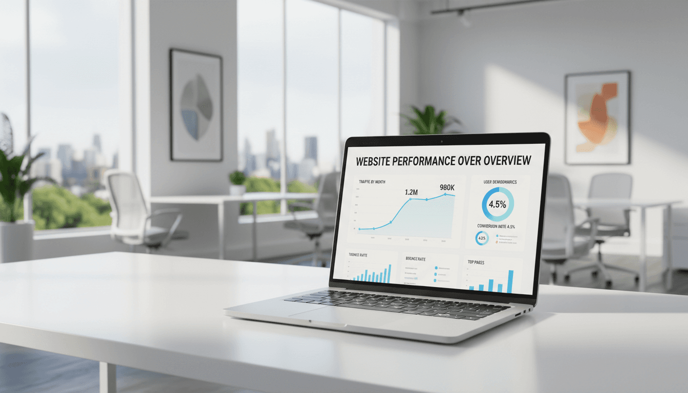Laptop showing website analytics in a modern office