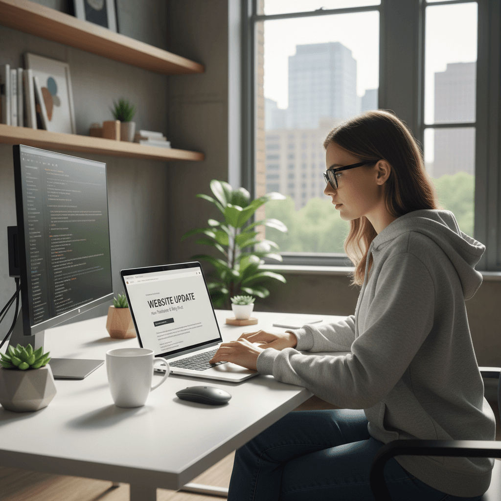 Web developer updating website content on a laptop in a bright modern office
