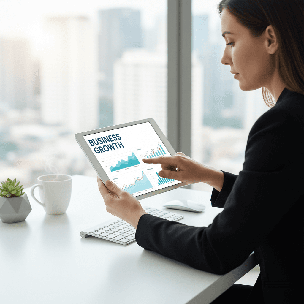 Business owner reviewing an analytics dashboard on a tablet at a clean desk