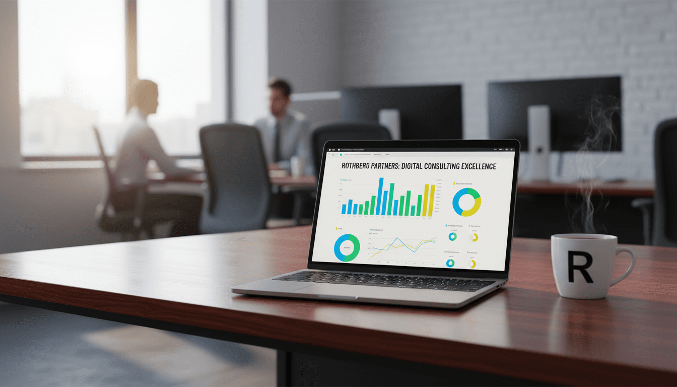 Laptop on a wooden desk displaying a website analytics dashboard with a coffee mug nearby