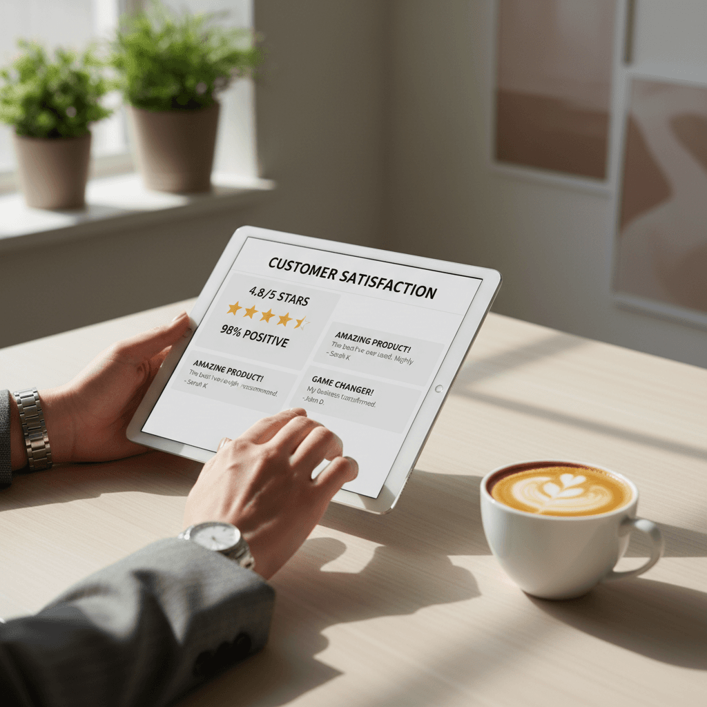 Business owner smiling while looking at positive reviews on their phone in a workshop
