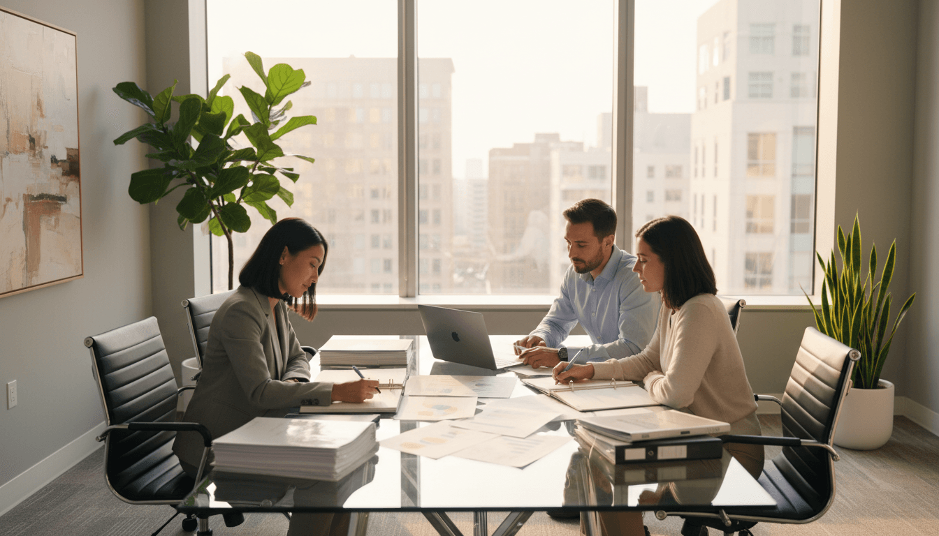 Diverse business professionals collaborating in modern conference room reviewing compliance documents and operational plans