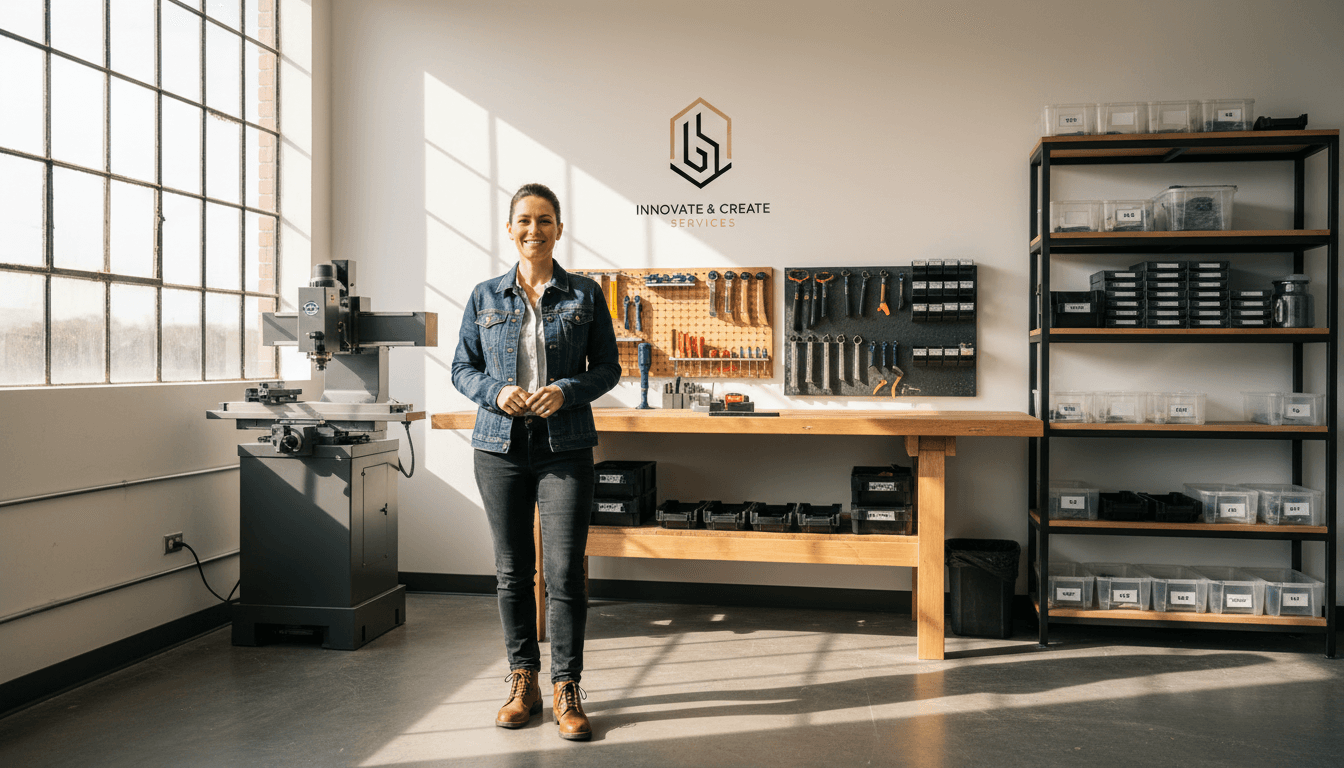 Small business owner standing in their workshop with tools on workbench