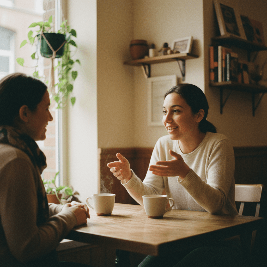 Two people reviewing a printed spreadsheet together at a coffee shop table