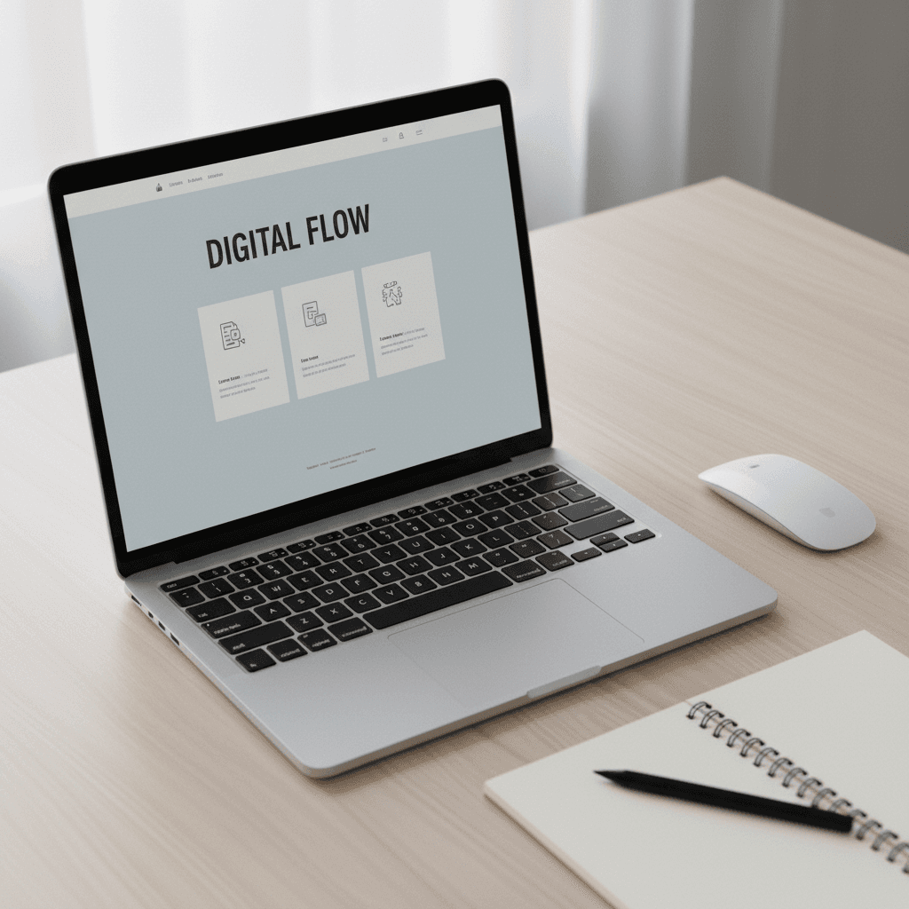 Laptop showing a clean website on a desk with coffee mug and plant